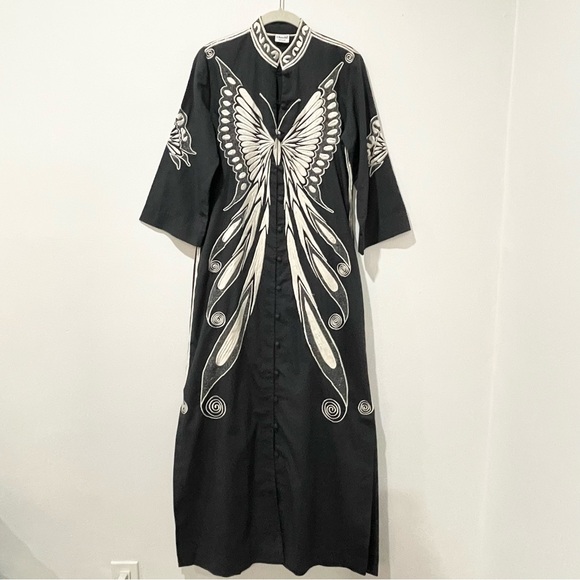 Vintage Dresses & Skirts - Embroidered Kaftan Black and Cream Butterfly Design Mandarin Collar Size S